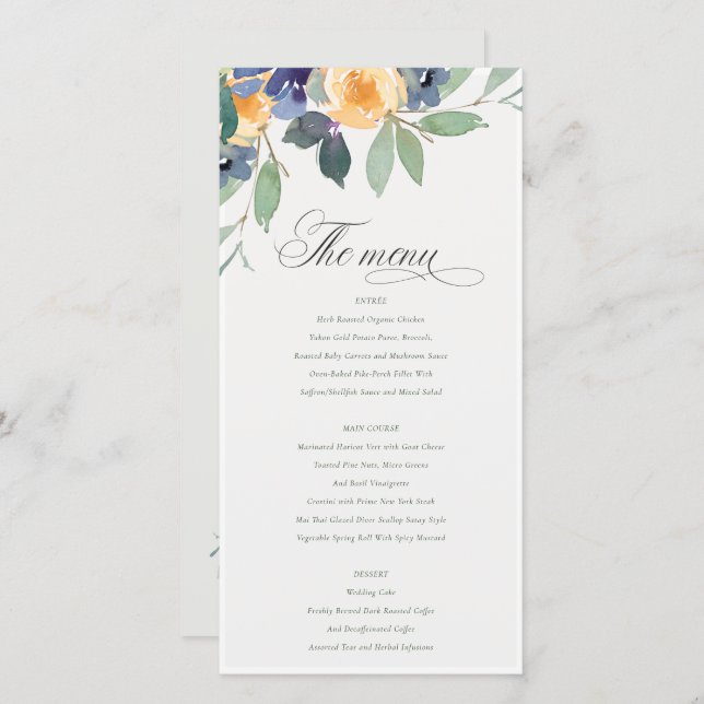 Cheerful Yellow Blue Floral Wedding Menu Card (Front/Back)