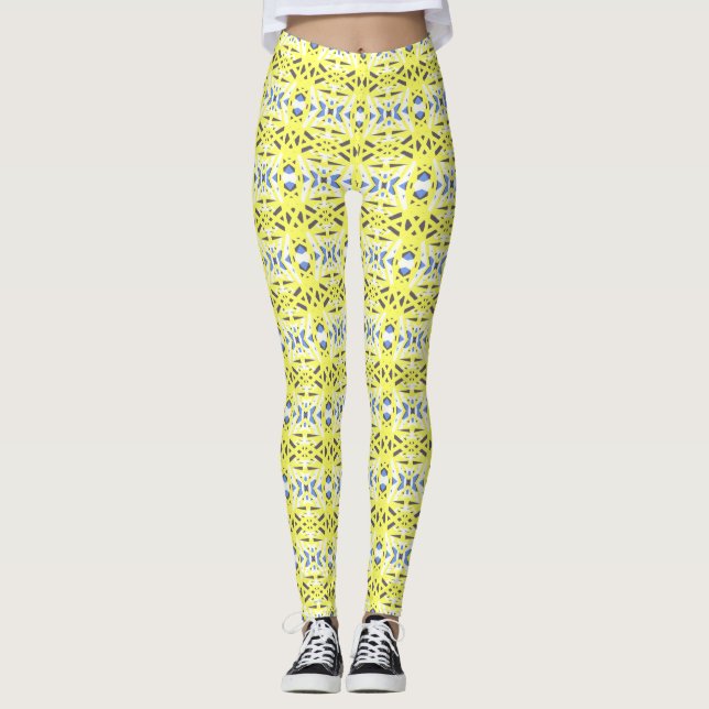 Cheerful Yellow Blue Grey Geometric Pattern Gym Leggings (Front)