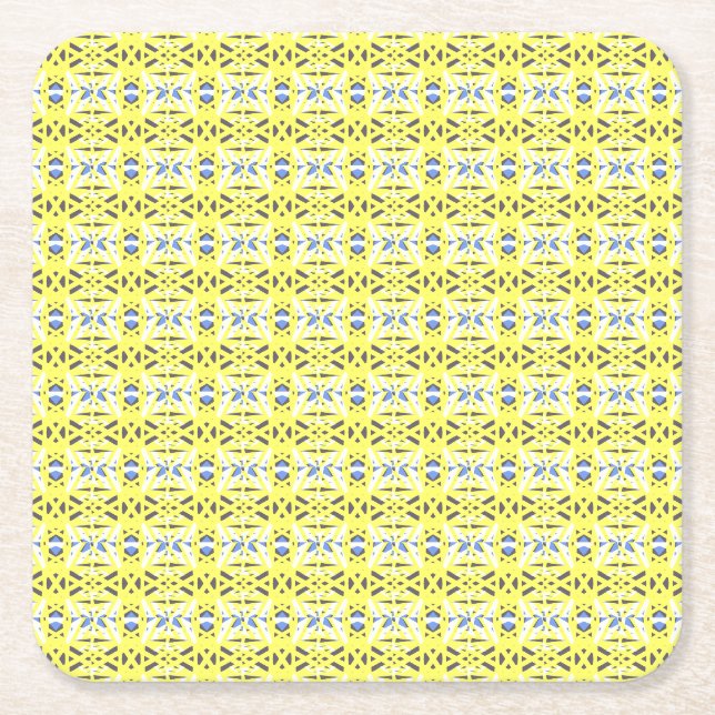 Cheerful Yellow Blue Grey Vibrant Geometric Deco Square Paper Coaster (Front)