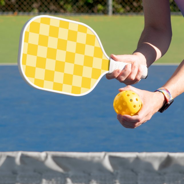 Cheerful Yellow Chequered Pattern Pickleball Paddle (Insitu)