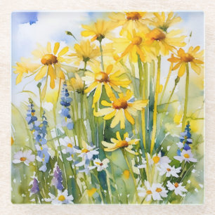 Cheerful Yellow daisies, wildflowers Glass Coaster