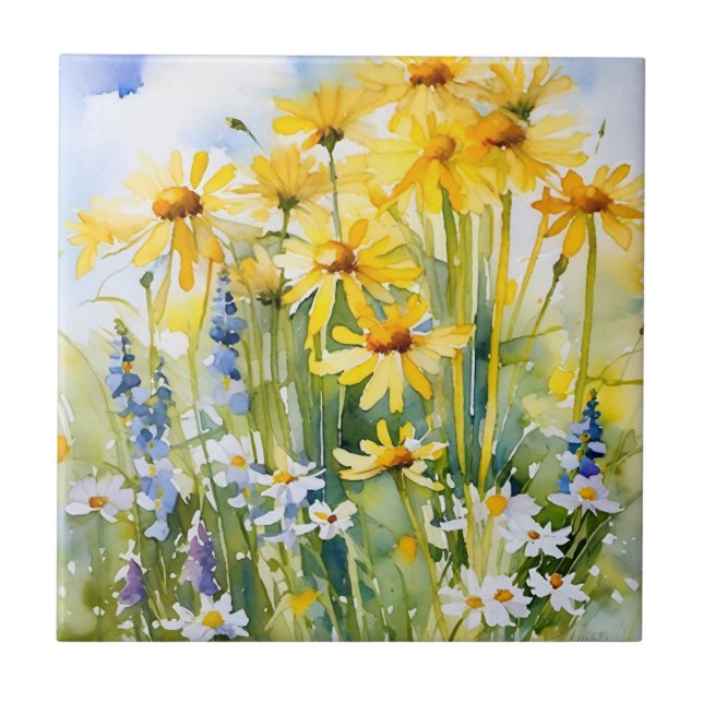 Cheerful Yellow daisies, wildflowers  Tile (Front)