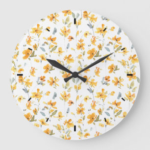 Cheerful Yellow Floral Watercolor Large Clock