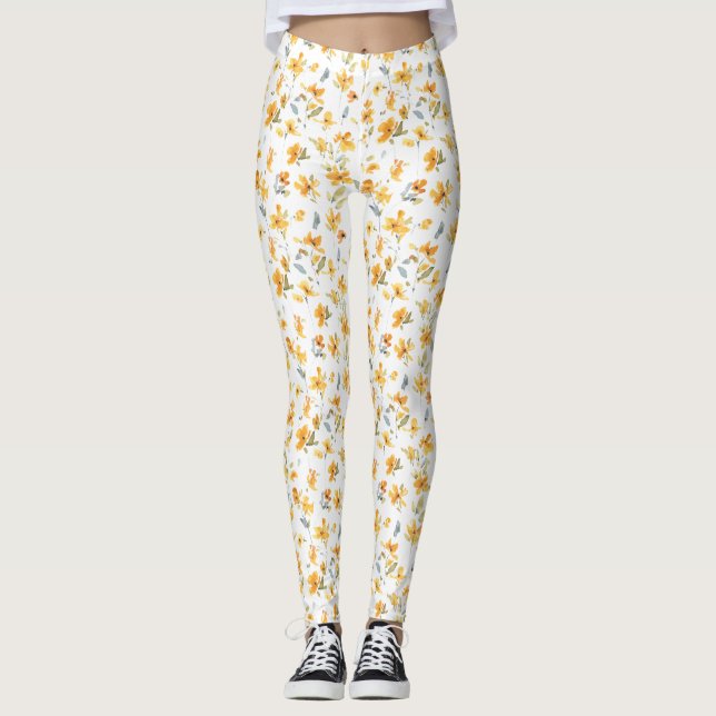 Cheerful Yellow Floral Watercolor Leggings (Front)
