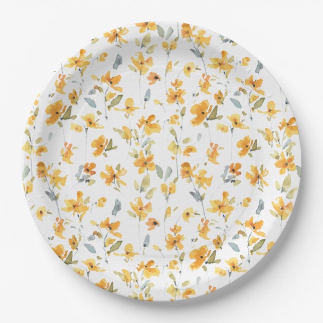 Cheerful Yellow Floral Watercolor Paper Plate (Front)