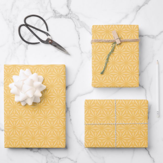 Cheerful Yellow Geometric Flower Pattern Wrapping Paper Sheet (Front)