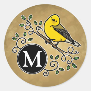 Cheerful Yellow Prothonotary Warbler with Monogram Classic Round Sticker