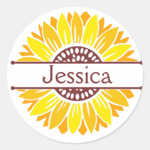 Cheerful Yellow Split Sunflower Monogram Name  Classic Round Sticker