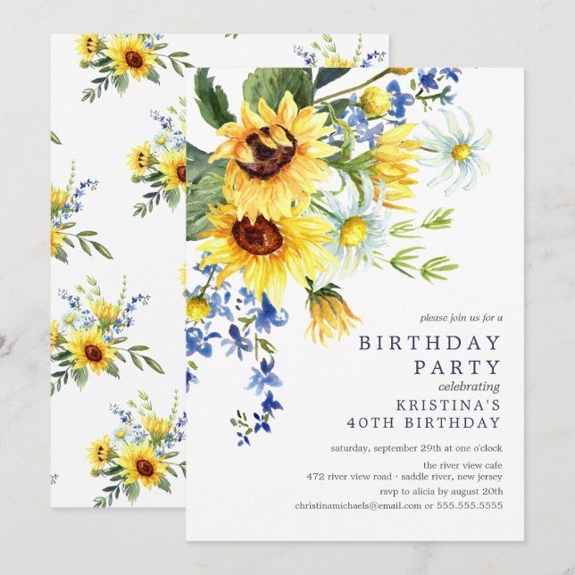 Cheerful Yellow Sunflower Birthday Party Invitation (Front/Back)