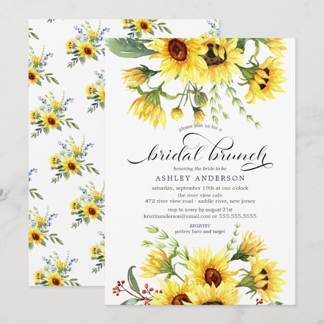 Cheerful Yellow Sunflower Bridal Shower Brunch Invitation (Front/Back)