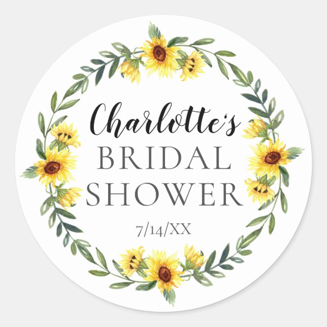 Cheerful Yellow Sunflower Bridal Shower Classic Round Sticker (Front)