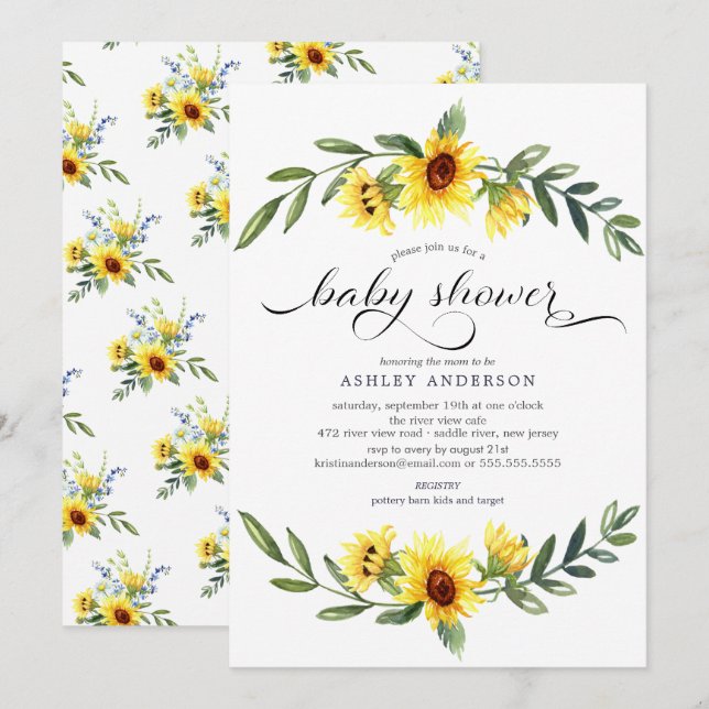 Cheerful Yellow Sunflower Floral Baby Shower Invitation (Front/Back)