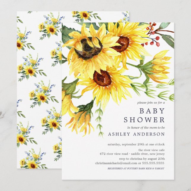 Cheerful Yellow Sunflower Floral Baby Shower Invitation (Front/Back)