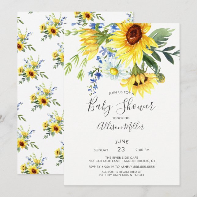 Cheerful Yellow Sunflower Floral Baby Shower Invitation (Front/Back)