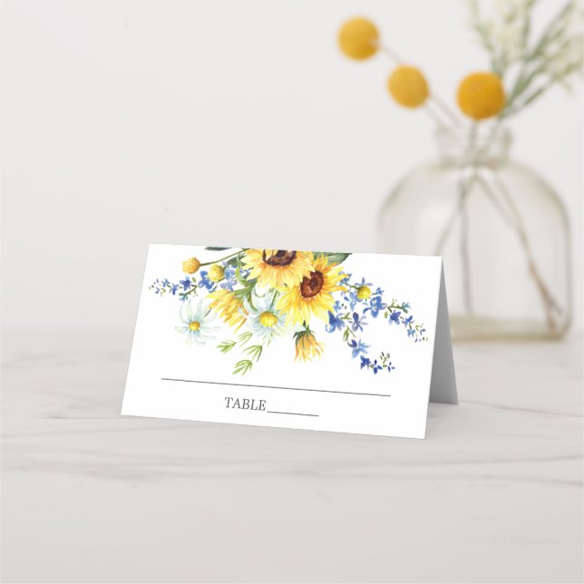 Cheerful Yellow Sunflower Floral Bridal Shower Place Card (Front)