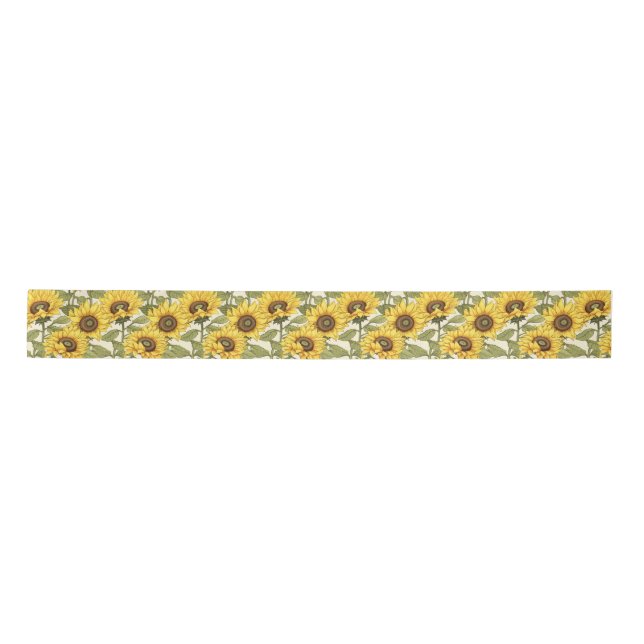Cheerful Yellow Sunflower Green Leaf Ribbon Satin Ribbon (Front)