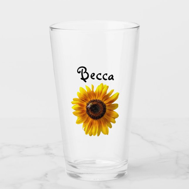 Cheerful Yellow Sunflower with Bee Personalised Glass (Front)