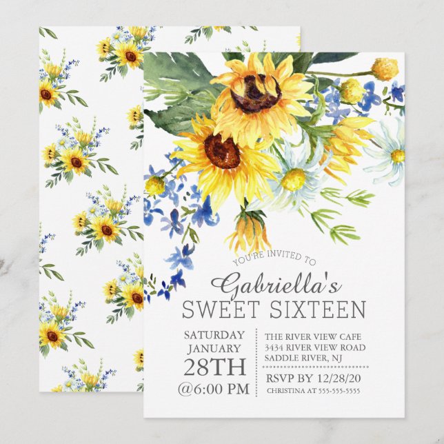 Cheerful Yellow Sunflowers Sweet Sixteen Party Invitation (Front/Back)