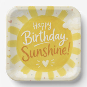 Cheerful Yellow Sunshine Happy Birthday Paper Plate