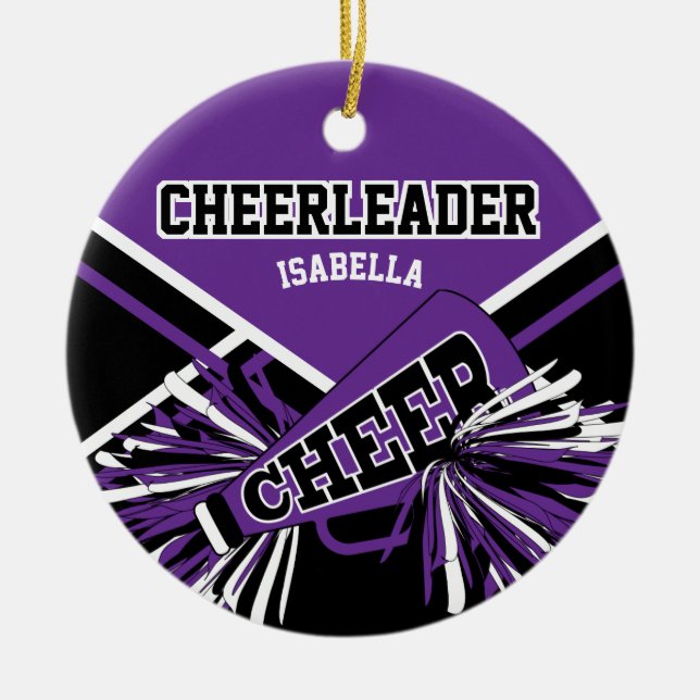 Cheerleader 2 📣💖 - Purple, Black and White Ceramic Tree Decoration (Front)