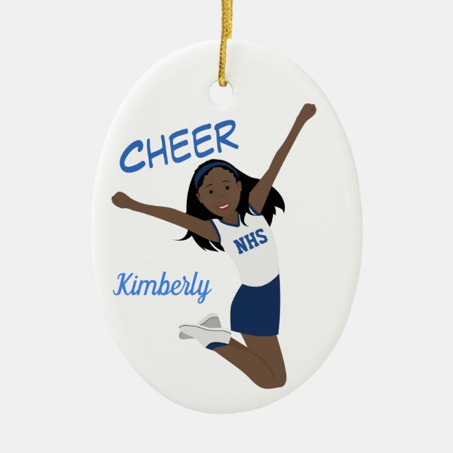 Cheerleader African American Dark Blue & White Ceramic Tree Decoration (Front)