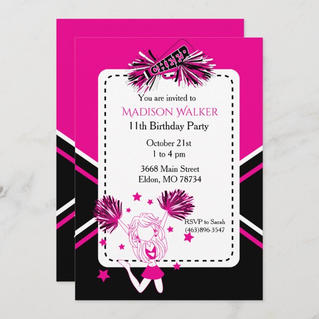 Cheerleader Birthday Party Hot Pink, Black, White Invitation (Front/Back)