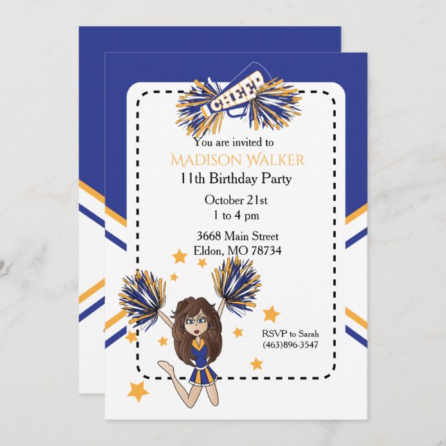 Cheerleader Birthday Party in Blue & Gold Invitation (Front/Back)