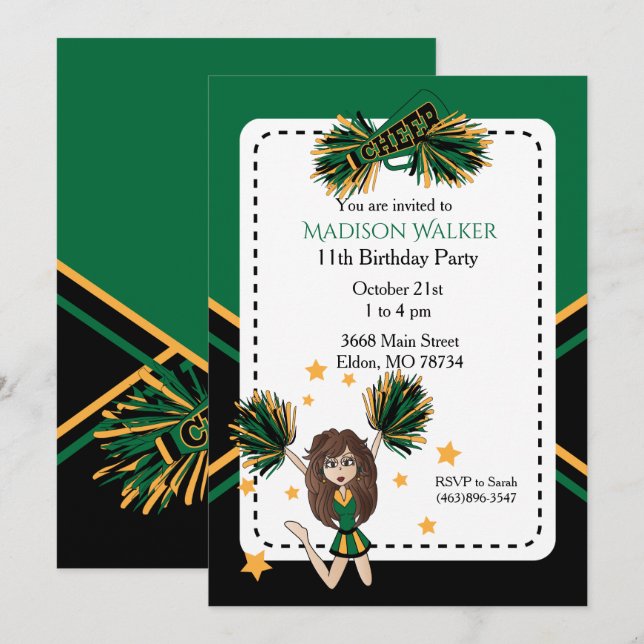 Cheerleader Birthday Party in Dark Green & Gold Invitation (Front/Back)