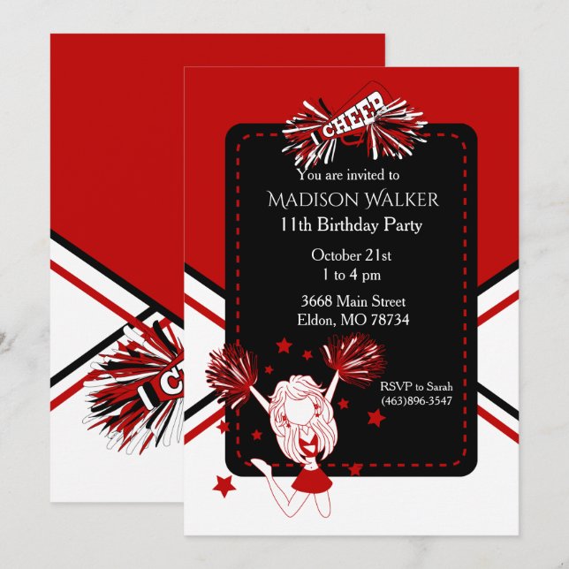 Cheerleader Birthday Party in Dark Red Invitation (Front/Back)