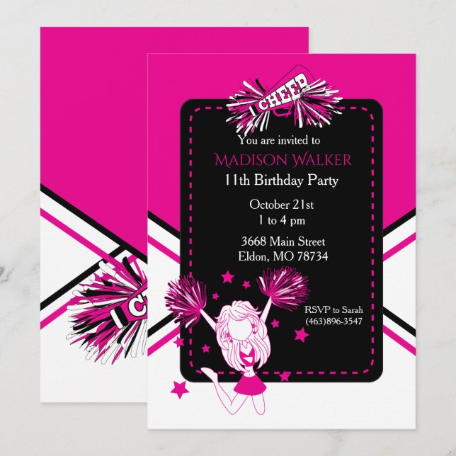 Cheerleader Birthday Party in Hot Pink Invitation (Front/Back)