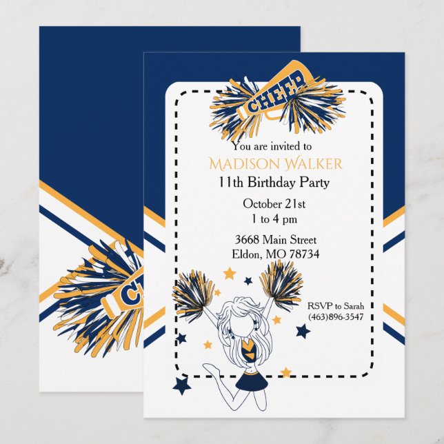 Cheerleader Birthday Party in Navy Blue & Gold Invitation (Front/Back)