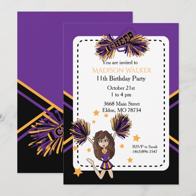 Cheerleader Birthday Party in Purple & Gold Invitation (Front/Back)