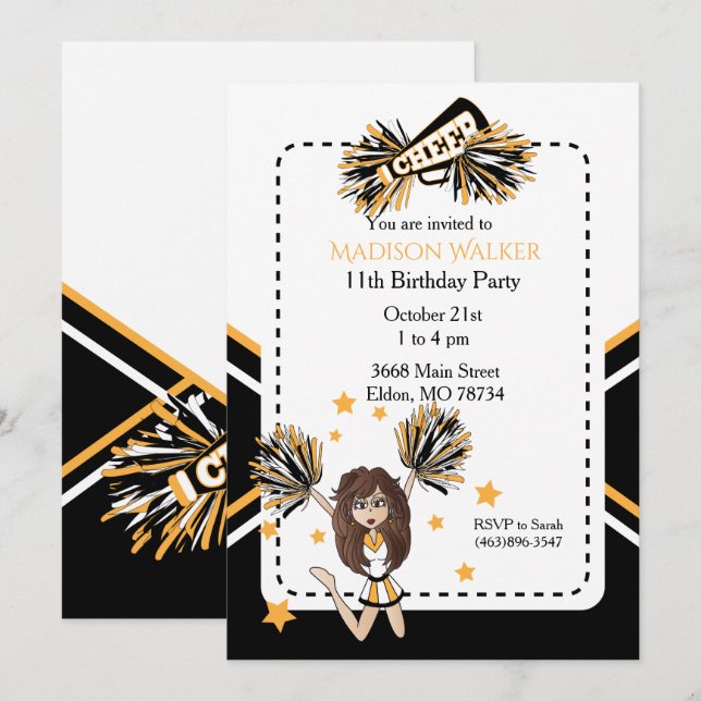 Cheerleader Birthday Party in White, Black & Gold Invitation (Front/Back)