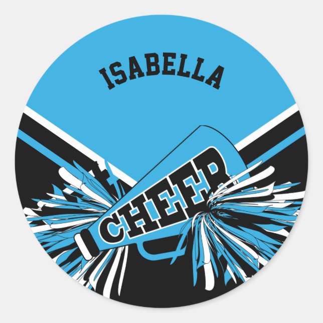 📣 Cheerleader -  Black, Baby Blue and White Classic Round Sticker (Front)