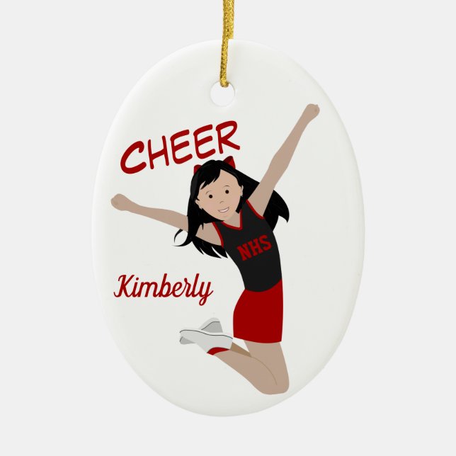 Cheerleader Black Hair Black & Red Ceramic Tree Decoration (Front)