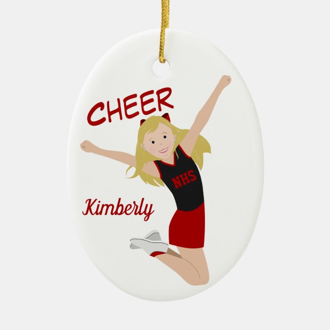 Cheerleader Blonde Black & Red Ceramic Tree Decoration (Front)