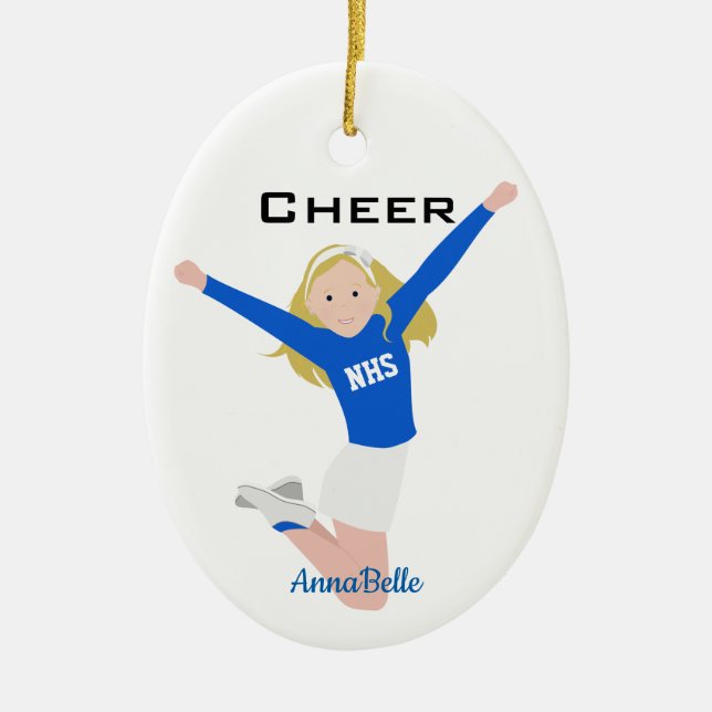 Cheerleader Blonde Blue & White Ceramic Tree Decoration (Front)