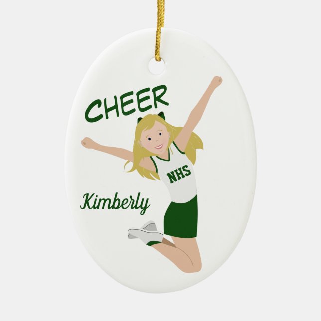 Cheerleader Blonde Green & White Ceramic Tree Decoration (Front)