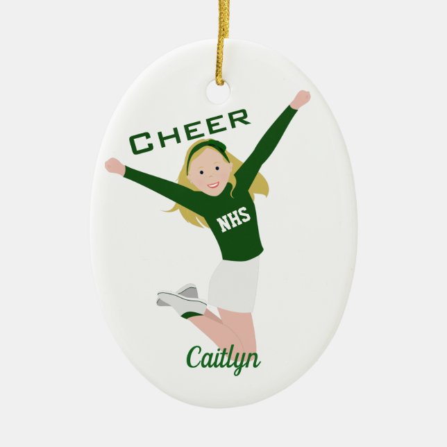 Cheerleader Blonde Green & White Ceramic Tree Decoration (Front)