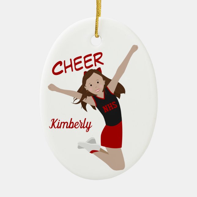 Cheerleader Brunette Black & Red Ceramic Tree Decoration (Front)