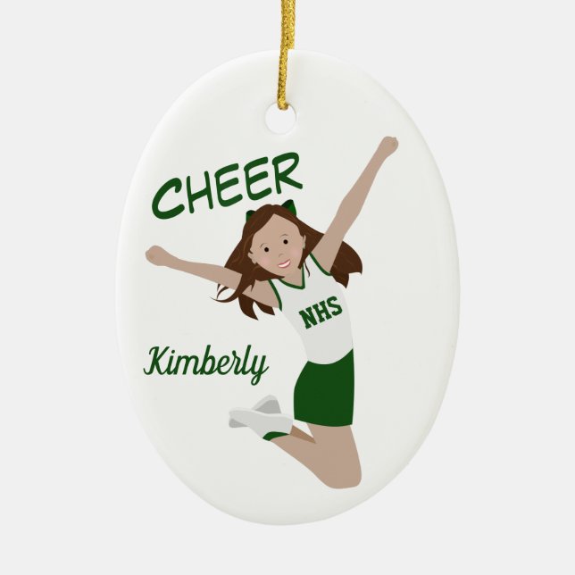 Cheerleader Brunette Green & White Ceramic Tree Decoration (Front)