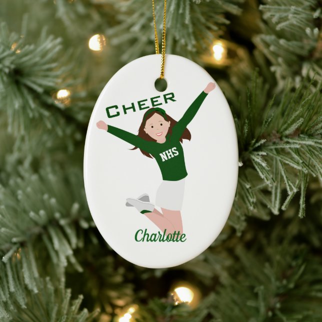 Cheerleader Brunette Green & White Ceramic Tree Decoration (Tree)