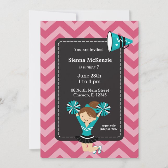 Cheerleader, choose your own background colour invitation (Front)