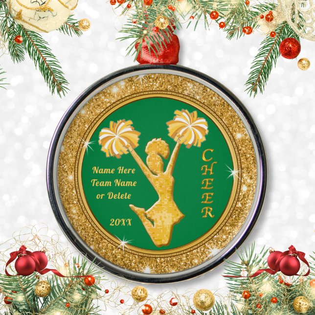 Cheerleader Christmas Ornaments Personalised (Personalized Cheer Ornaments. Cheap gifts for Cheerleaders. Green and Gold, Cheer Ornaments. Custom.)