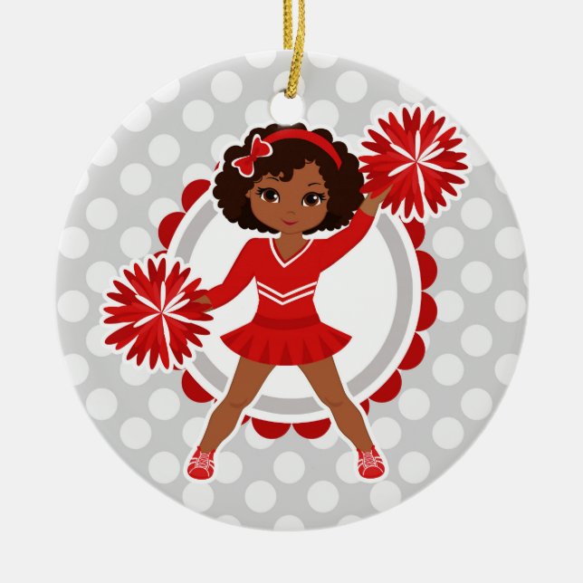 Cheerleader - Cute Red African American Cheer Ceramic Tree Decoration (Front)