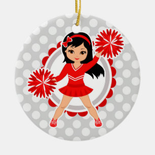 Cheerleader - Cute Red Black Hair Cheer Ceramic Tree Decoration