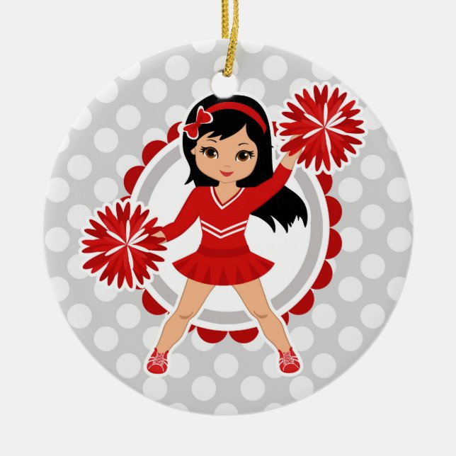 Cheerleader - Cute Red Black Hair Cheer Ceramic Tree Decoration (Front)