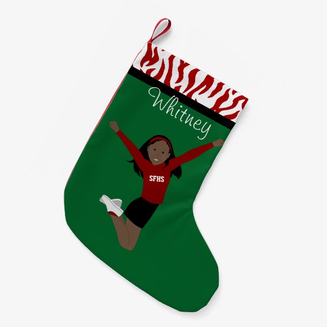 Cheerleader Dark Black Hair in Red & Black Small Christmas Stocking (Front (Hanging))
