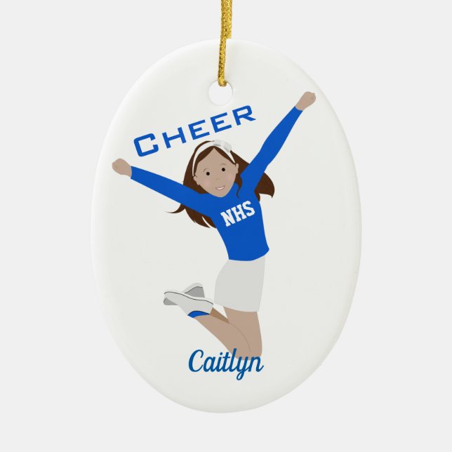 Cheerleader Dark Brunette Blue & White Ceramic Tree Decoration (Front)