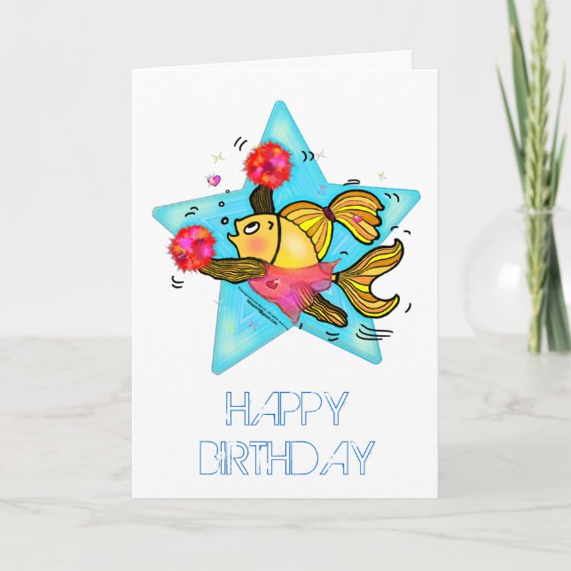 Cheerleader fish cute funny comics birthday card (Front)